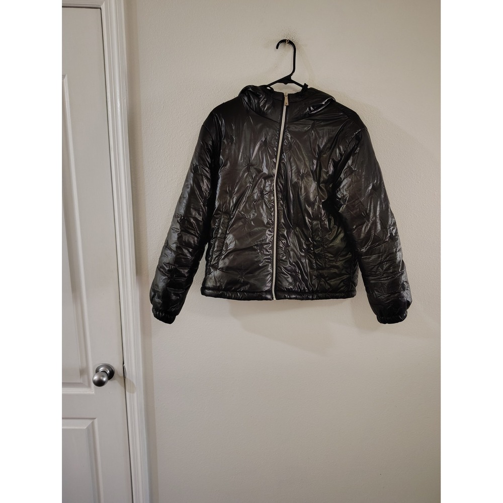 Kenneth Cole New York Black Metallic Puffer Jacket Hooded Star Quilted Medium